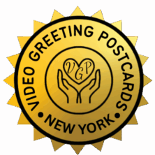Gold seal with "Video Greeting Postcards" text.