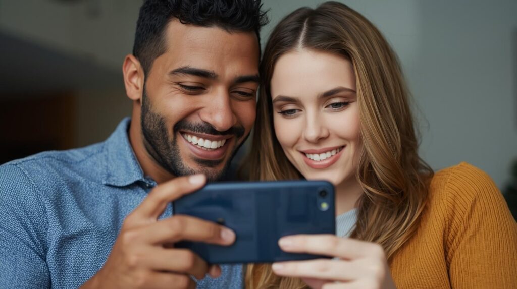 Couple smiling while looking at a phone.